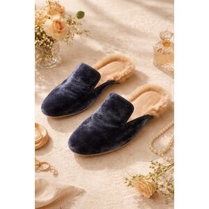 Farylrobin for Anthropologie NEW Navy Velvet Faux Fur Lined Mule Loafers- 10